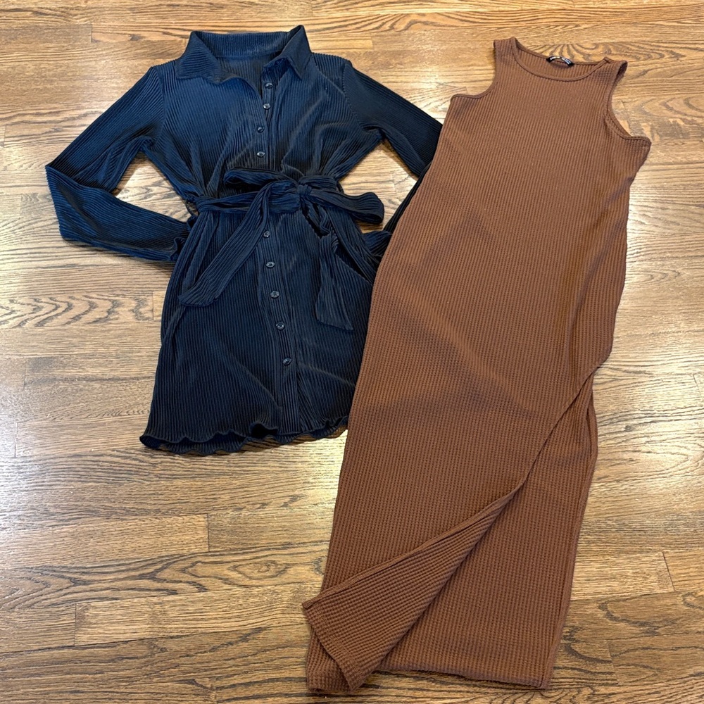 BUNDLE: 2 summer dressesSleeveless Ribbed Maxi Dress in Brown & shirtdress, s/m